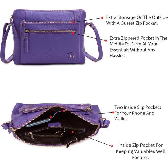 Women Violet Imported Leather Polyester Crossbody Sling Shoulder Crossover Bag - Picture 4 of 6